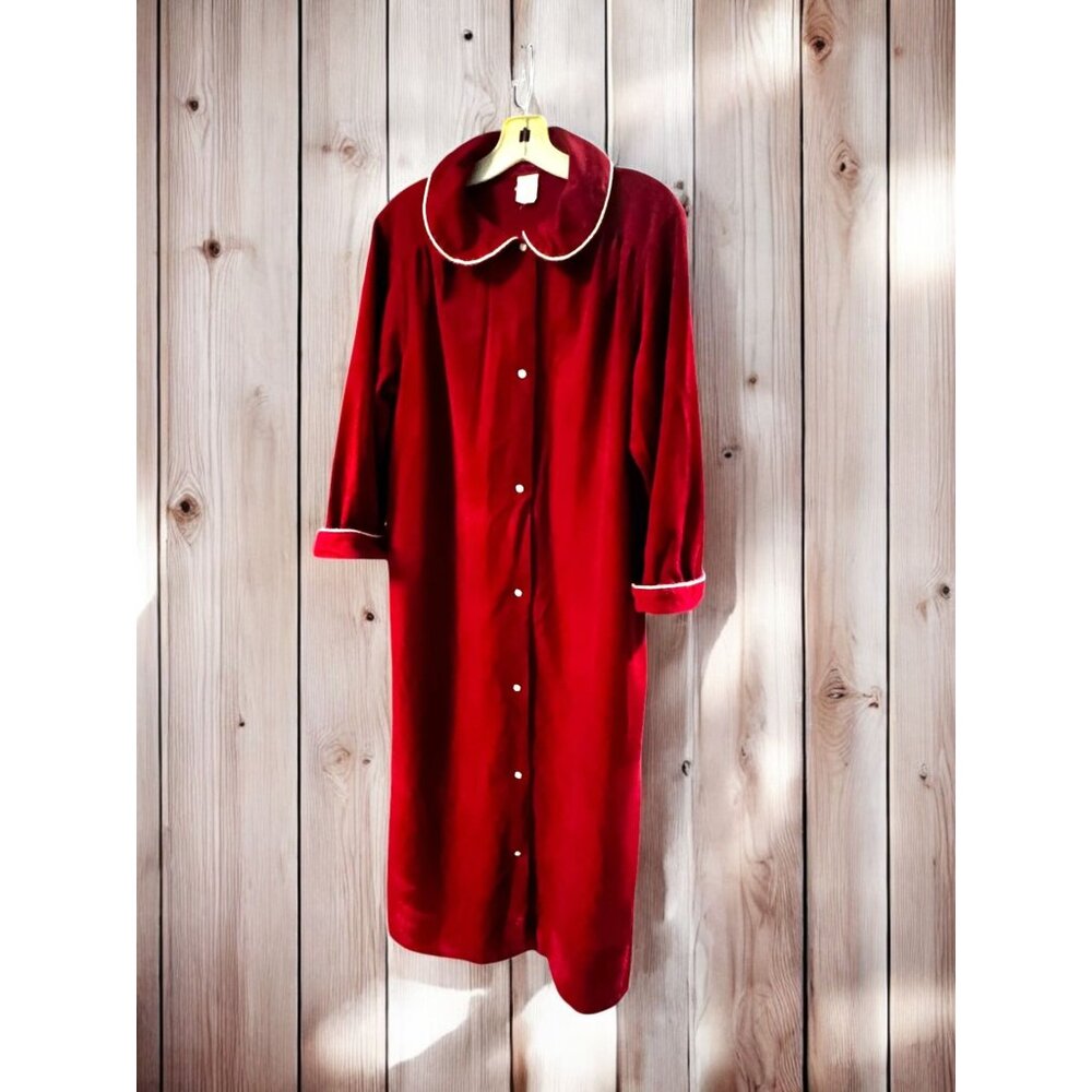 Vintage Red Long Nightgown With White Piping & Peter Pan Collar - Picture 7 of 8